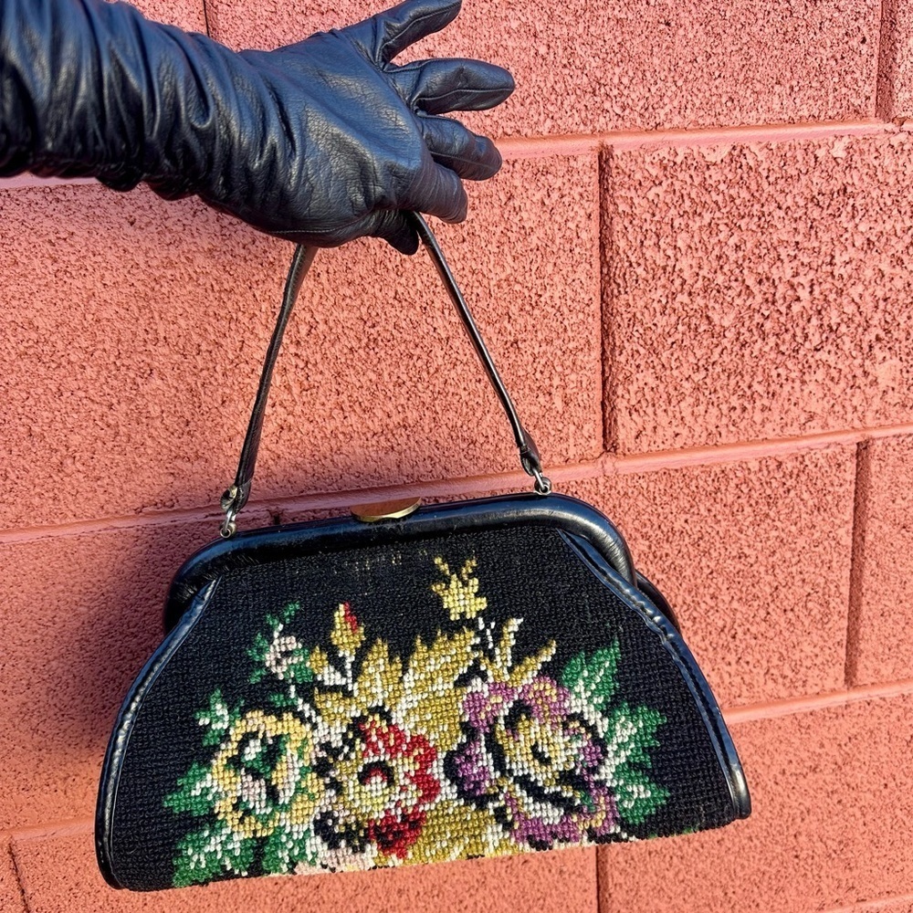 Vintage Wool Petit Point Handbag Cottagecore Black Floral Leather Trimmed - Picture 9 of 13